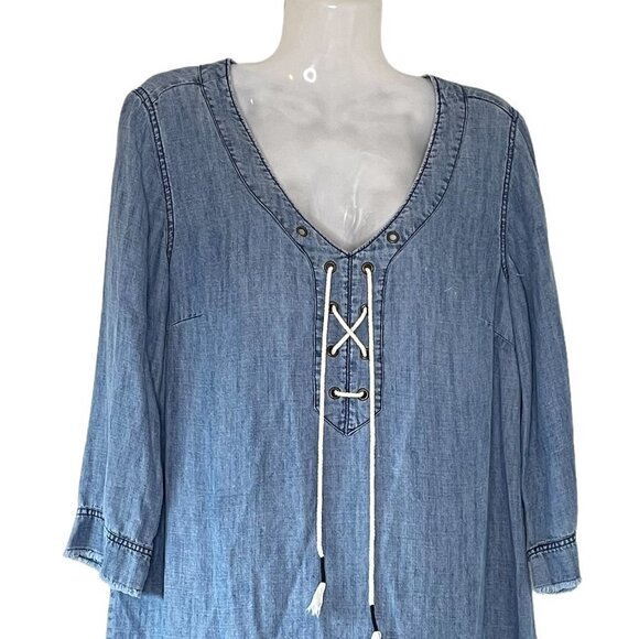 Michael Stars Linen Tencel Blend Chambray Tunic has Faux Lace-up Neckline Medium - Picture 2 of 8